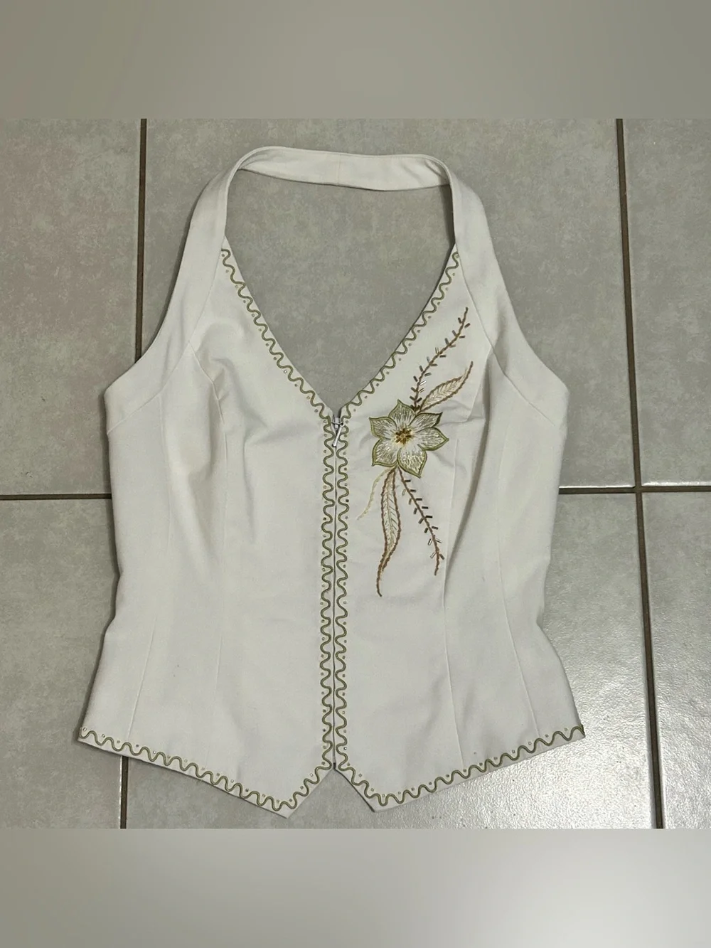 Cache White Halter Top with Green Embroidered Flower - Picture 4 of 7